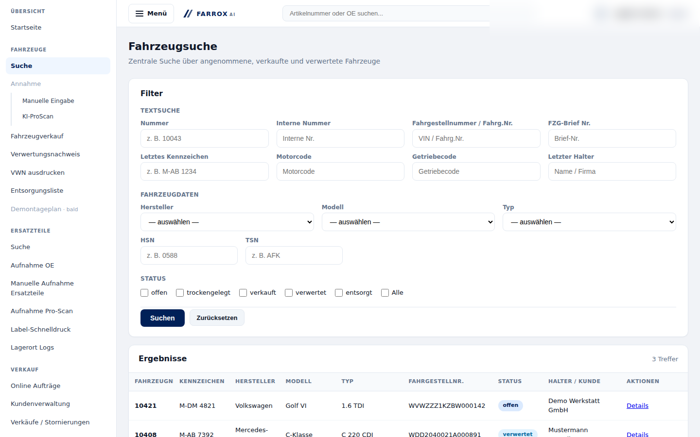 Screenshot Farrox ERP Fahrzeugübersicht